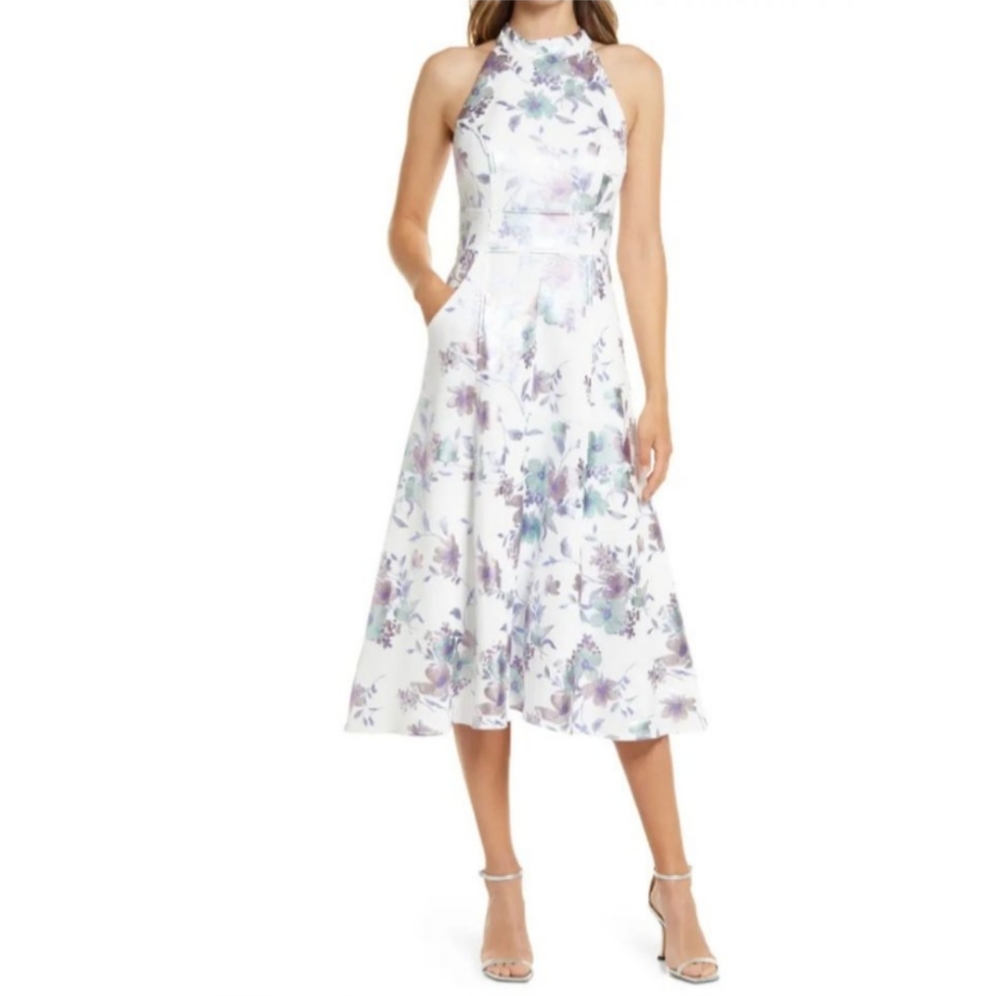 Eliza J Women's Size 6 Metallic‎ Floral Halter Feminine Wedding Guest Dress Gown